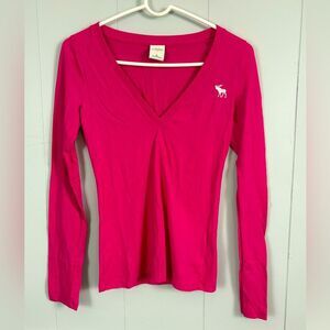 Abercrombie Kids Pink V-Neck Y2K Long Sleeved T-Shirt Preppy Cute Bubble Letters